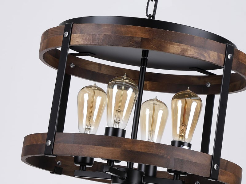 RKUCSR 4-Light Large Rustic Farmhouse Plug in Pendant Light Fixture with Adjustable Chain, Dimmable Switch, 16.5 inch Oak Wood Drum Hanging Lamp for Dining Room Living Room Farmhouse Entry, Black - Image 5