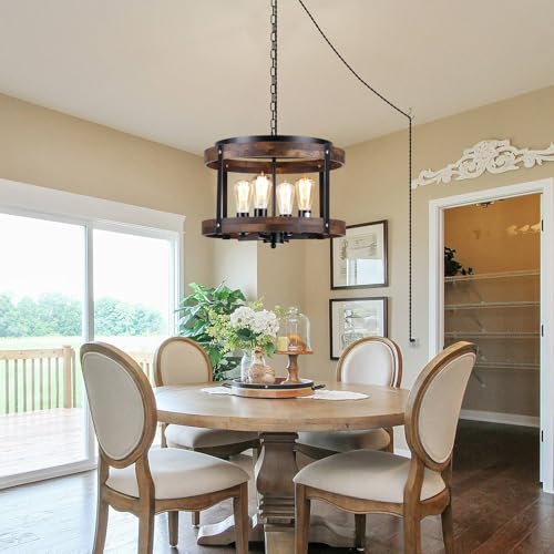 RKUCSR 4-Light Large Rustic Farmhouse Plug in Pendant Light Fixture with Adjustable Chain, Dimmable Switch, 16.5 inch Oak Wood Drum Hanging Lamp for Dining Room Living Room Farmhouse Entry, Black - Image 3