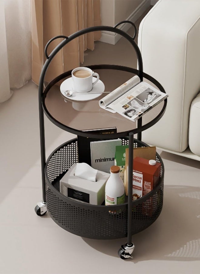سي آند سي هوم طاولة قهوة دائرية حديثة مزودة بعجلات وسلة تخزين - طاولة جانبية متحركة بمقابض مسند الذراع، طاولة جانبية متنقلة لغرفة المعيشة أو غرفة النوم أو بجانب الأريكة أو للاستخدام في الشقق 40 × 70 سم. - Image 1