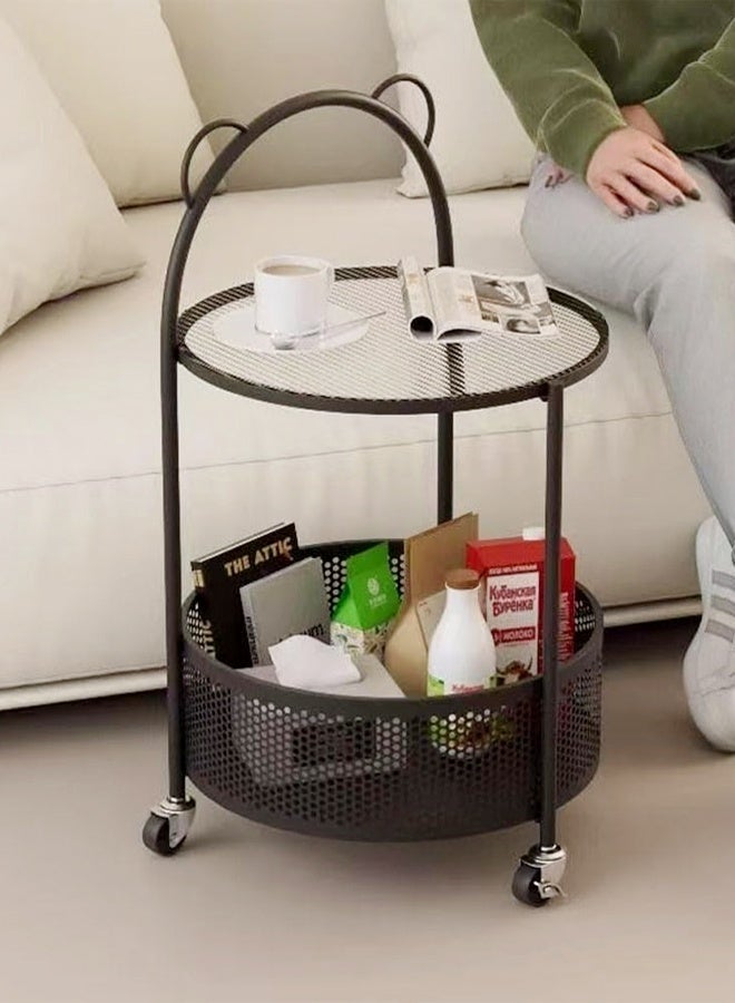 سي آند سي هوم طاولة قهوة دائرية حديثة مزودة بعجلات وسلة تخزين - طاولة جانبية متحركة بمقابض مسند الذراع، طاولة جانبية متنقلة لغرفة المعيشة أو غرفة النوم أو بجانب الأريكة أو للاستخدام في الشقق 40 × 70 سم. - Image 3