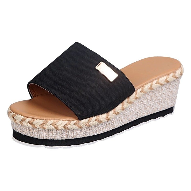 Foreign Trade Large Size Women''s Shoes and Summer New Style Wedge Heel Hemp Rope Sandals and Slippers Women''s High Heel Sandals and Slippers Women''s Outer Wear - Image 2