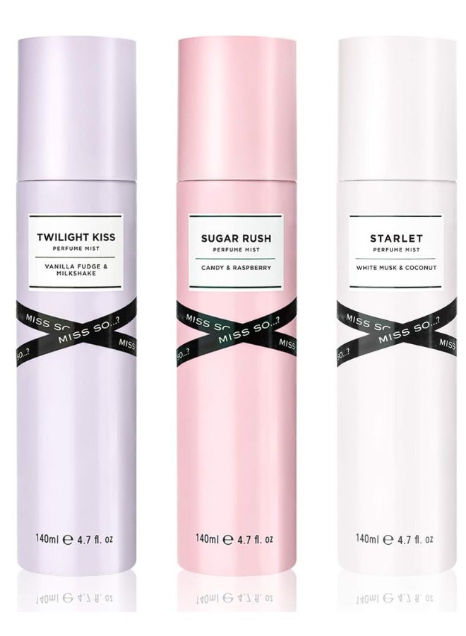 So..? Miss So...? Women's Perfume Mist & Body Mist Bundle | 140ml | Pack of 3 | Includes Twilight Kiss, Sugar Rush & Starlet | Sweet, Fruity & Floral Scents | Long-Lasting & Fun Everyday Fragrance Sprays - Image 1