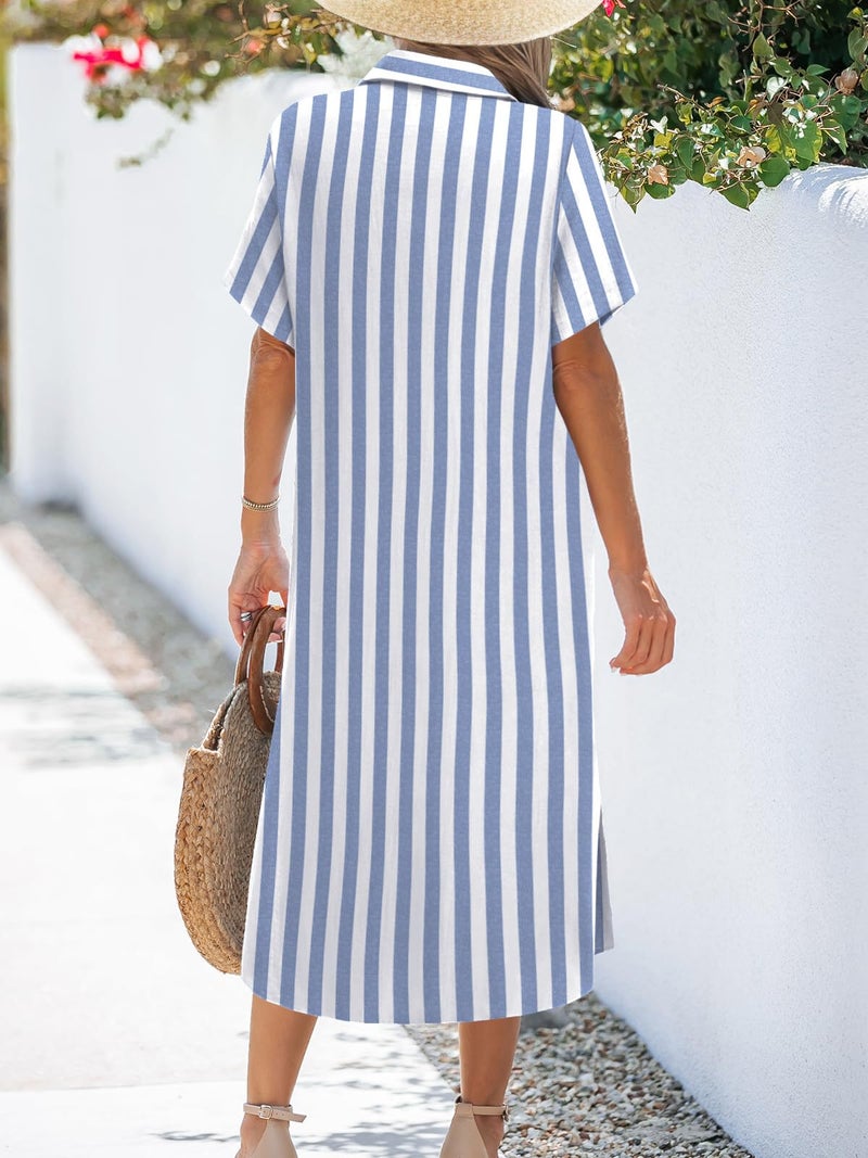 Zeagoo Women Dresses Summer Casual Short Sleeve Button Down Shirt Dresses 2025 Beach Cover Up with Pockets,Blue+White Stripe,L - Image 4