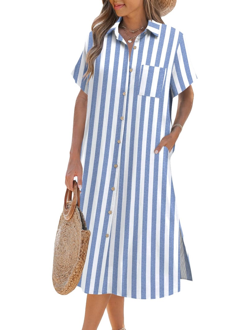 Zeagoo Women Dresses Summer Casual Short Sleeve Button Down Shirt Dresses 2025 Beach Cover Up with Pockets,Blue+White Stripe,L - Image 1