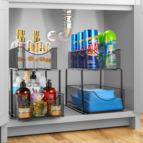 Sorbus 2 Tier Metal Under Sink Organizer for Bathroom Kitchen Strong Steel Mesh Sliding Drawers for Under Sink Under Cabinet Closet Kitchen Pantry Bathroom Organizers and Storage Black - Image 3