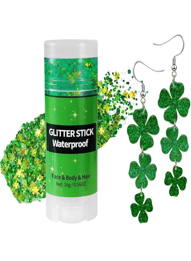 Mysense St Patricks Day Accessories,Shamrock Dangle Earrings,Green Face Hair Body Glitter Stick,Irish Festival Accessories for Saint Patrick’s Day Outfit Women Girls - Image 1