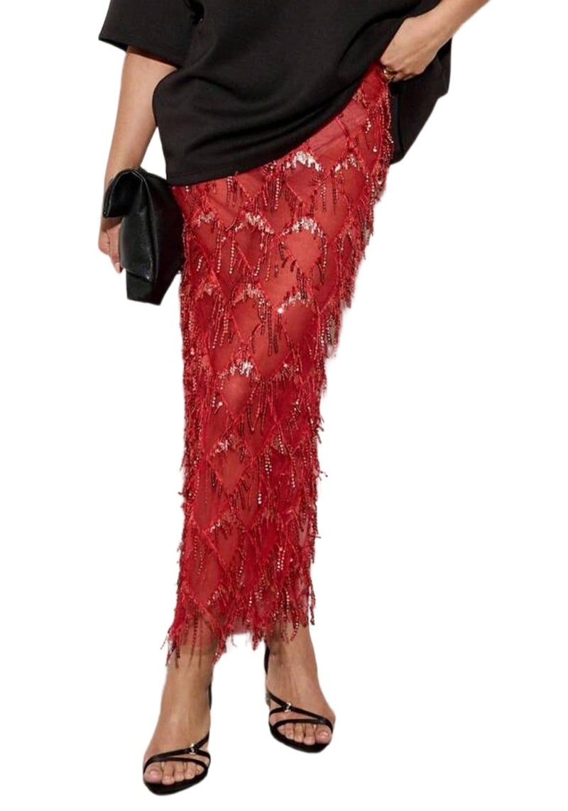 Skirt Y2k Gothic Flowy Sequin Boho Floral Print Red - Image 1