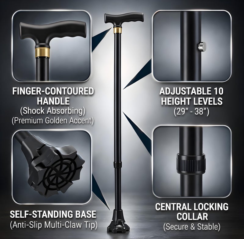 MCP Jindal Premium Height Adjustable Walking Stick Aluminium Cane Trekking Support Stick for Men, Women & Old People (Black) - Image 2