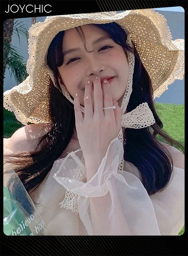 Joychic قبعة شاطئية نسائية واسعة الحواف مع حزام ذقن قبعة شمسية كبيرة قابلة للطي قبعة صيفية قبعة حماية من الأشعة فوق البنفسجية - Image 3