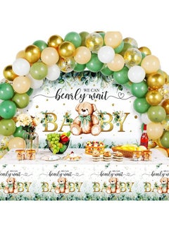 Breling 61 Pcs Bear Baby Party Shower Decorations Sage Green Bear Baby Party Decor Kit We Bearly Wait Backdrop Bear Tablecloth Balloons Arch Bear Theme Party Supplies For Kids Baby Birthday Shower  - Image 1