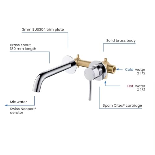 B Backline Brass Wall Mount Single Lever Basin Mixer Tap with Hot & Cold Water | tap for Basin | Bathroom Basin Faucet | Tap for Bathroom & Livingroom (Brushed Nickle) - Image 3