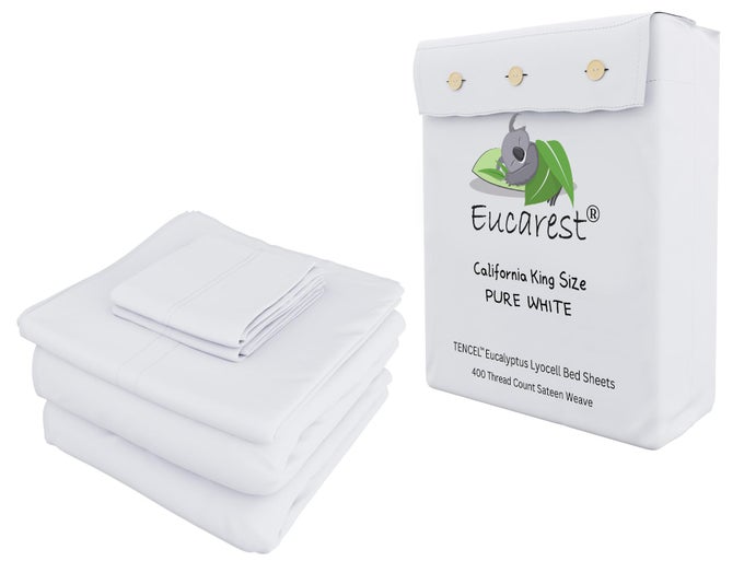 100 EUCALYPTUS TENCEL BED SHEETS CALIFORNIA KING ORGANIC ULTRA SOFT COOLING FOR HOT SLEEPERS HYPOALLERGENIC THERMAL REGULATING DEEP POCKET FITS 18 MATTRESS WHITE