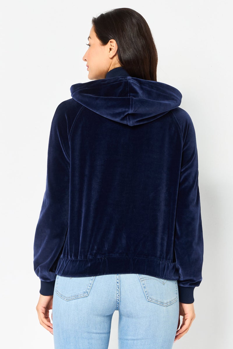 LACOSTE Women Velvet Long Sleeve Hoodie, Navy Blue - Image 4