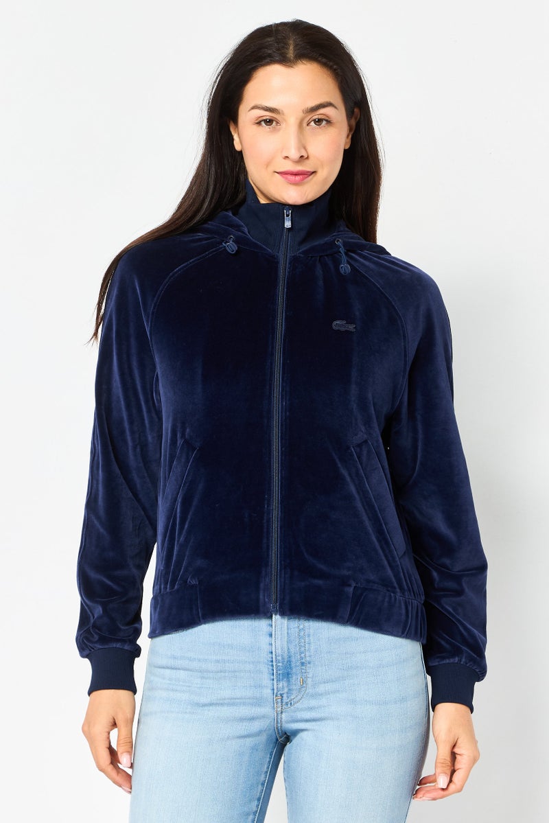 LACOSTE Women Velvet Long Sleeve Hoodie, Navy Blue - Image 1