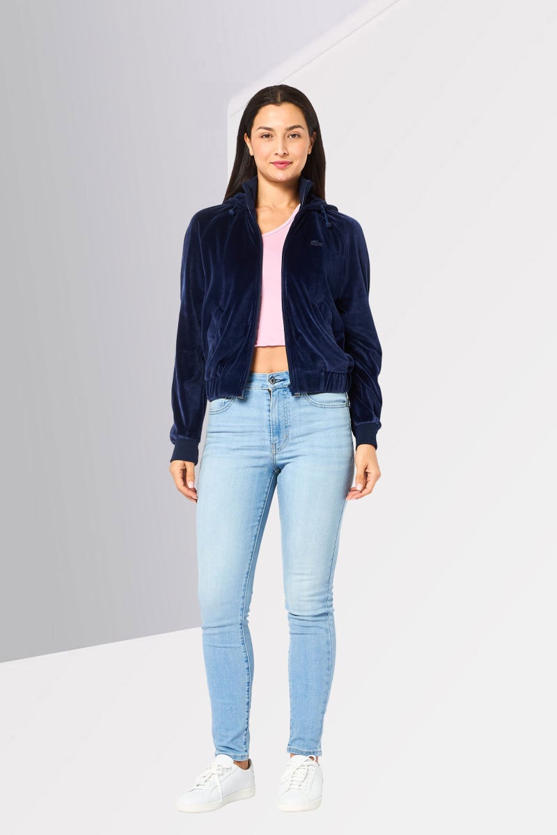LACOSTE Women Velvet Long Sleeve Hoodie, Navy Blue - Image 2