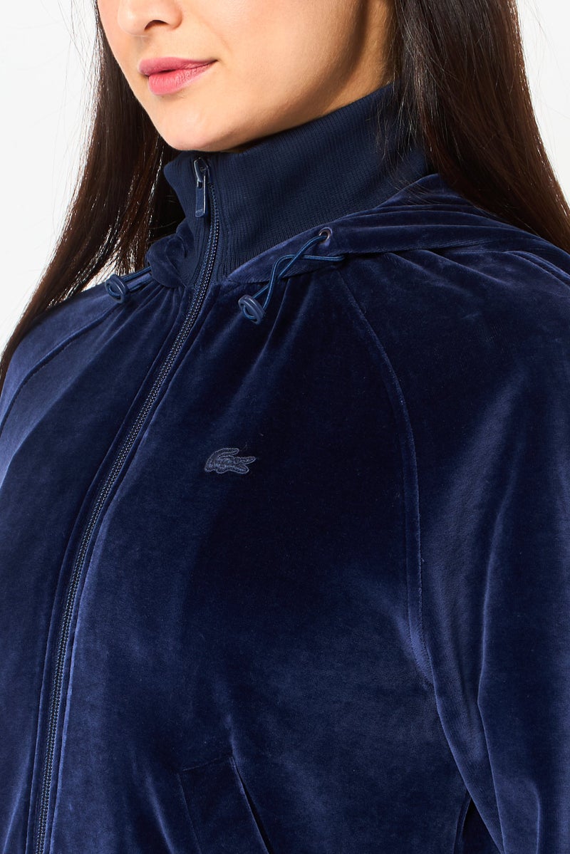 LACOSTE Women Velvet Long Sleeve Hoodie, Navy Blue - Image 3