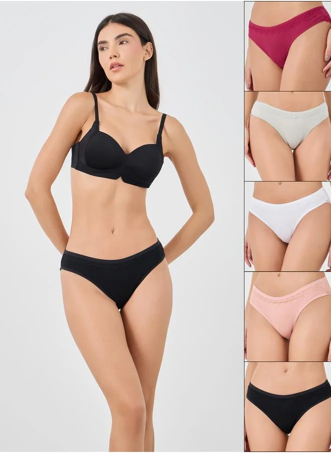 Styli Styli Pack of 5 - Ribbed Bikini Briefs with Scalloped Lace Trim