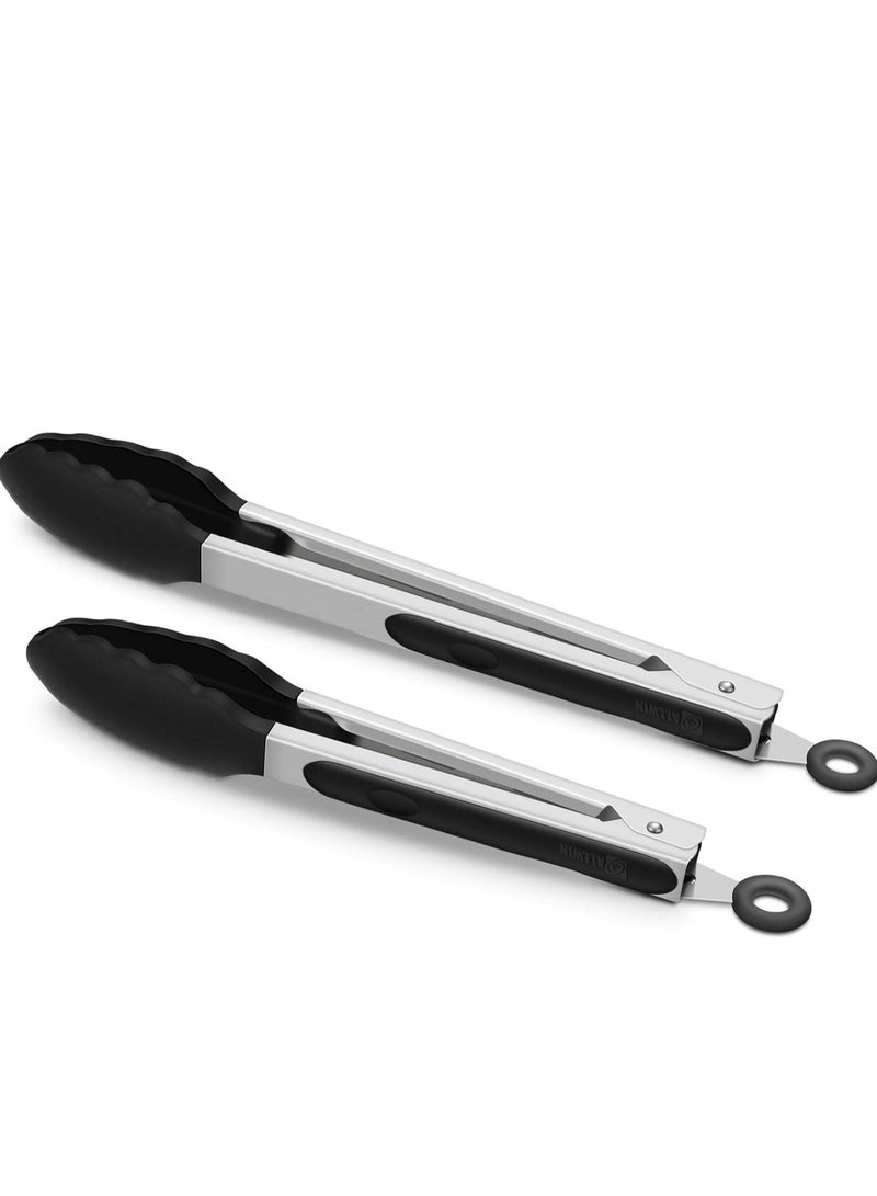 Bukela 2 Pack Black Kitchen Tongs, Premium Silicone BPA Free Non-Stick Stainless Steel BBQ Cooking Grilling Locking Food Tongs,9 Inch & 12 Inch - Image 1
