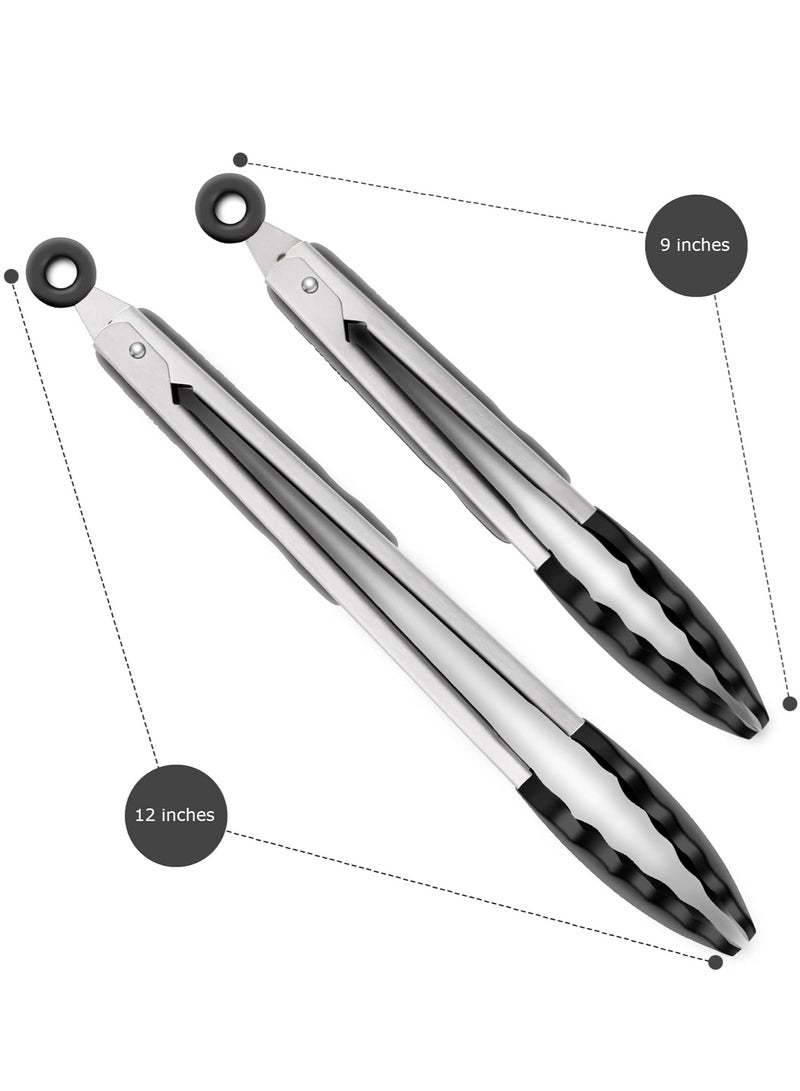 Bukela 2 Pack Black Kitchen Tongs, Premium Silicone BPA Free Non-Stick Stainless Steel BBQ Cooking Grilling Locking Food Tongs,9 Inch & 12 Inch - Image 4