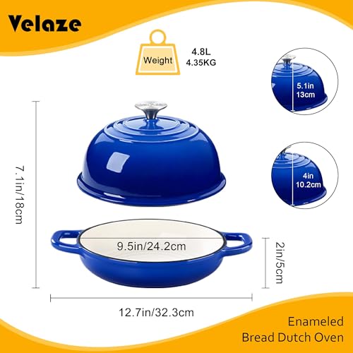 Velaze Enameled Cast Iron Dutch Oven for Bread Baking,5 QT Round Bread Oven Pot with Dome Lid for Sourdough, Roasting,Braising(Blue) - Image 3