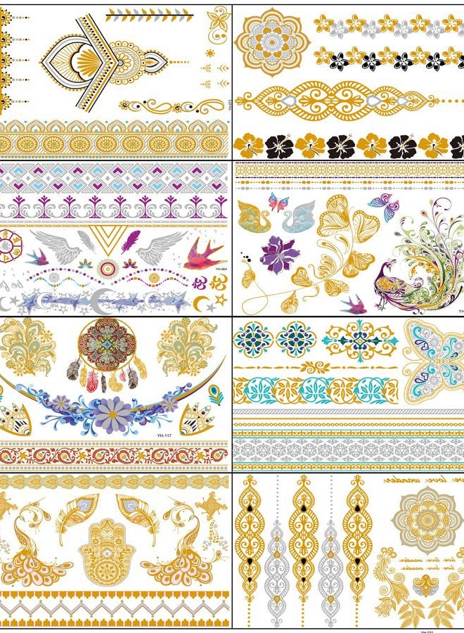 Aresvns Metallic Temporary Tattoo Butterfly, 8 Sheets Gold Silver Fake Tattoos for Women Teen Girls,Flash Jewelry Tattoos,Gold Boho Tattoos Waterproof and long lasting Christmas Gift - Image 1