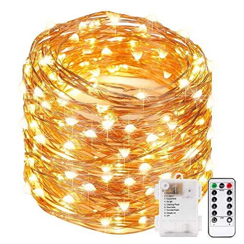 XERGY 10M 100 Led String Fairy Light Powered by Battery Box and Remote, 8 Mode Functions Copper Wire for Home Decoration Birthday Home Decoration Festival Rice (Warm White) - Battery not Included - Image 1