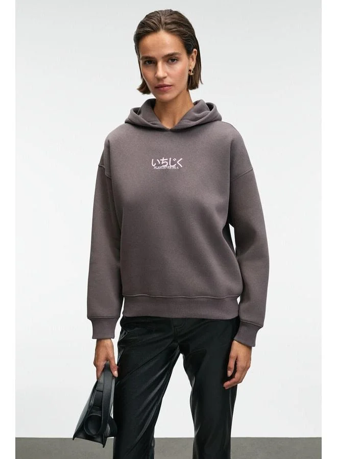 GRIMELANGE YANMESA Women's Oversize Print and Embroidery Detailed Long Sleeve Hooded Anthracite Sweatshirt.