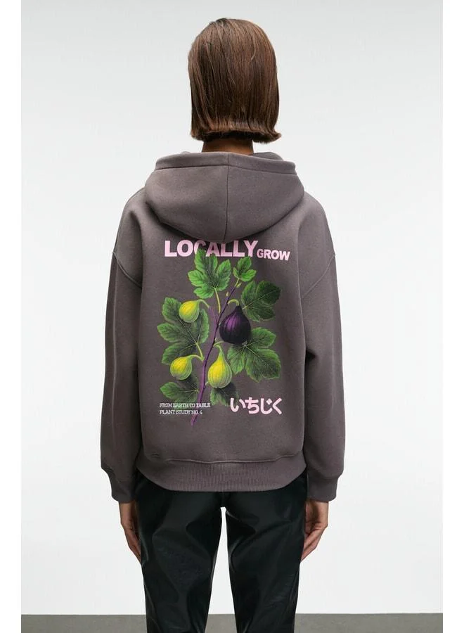 GRIMELANGE YANMESA Women's Oversize Print and Embroidery Detailed Long Sleeve Hooded Anthracite Sweatshirt.