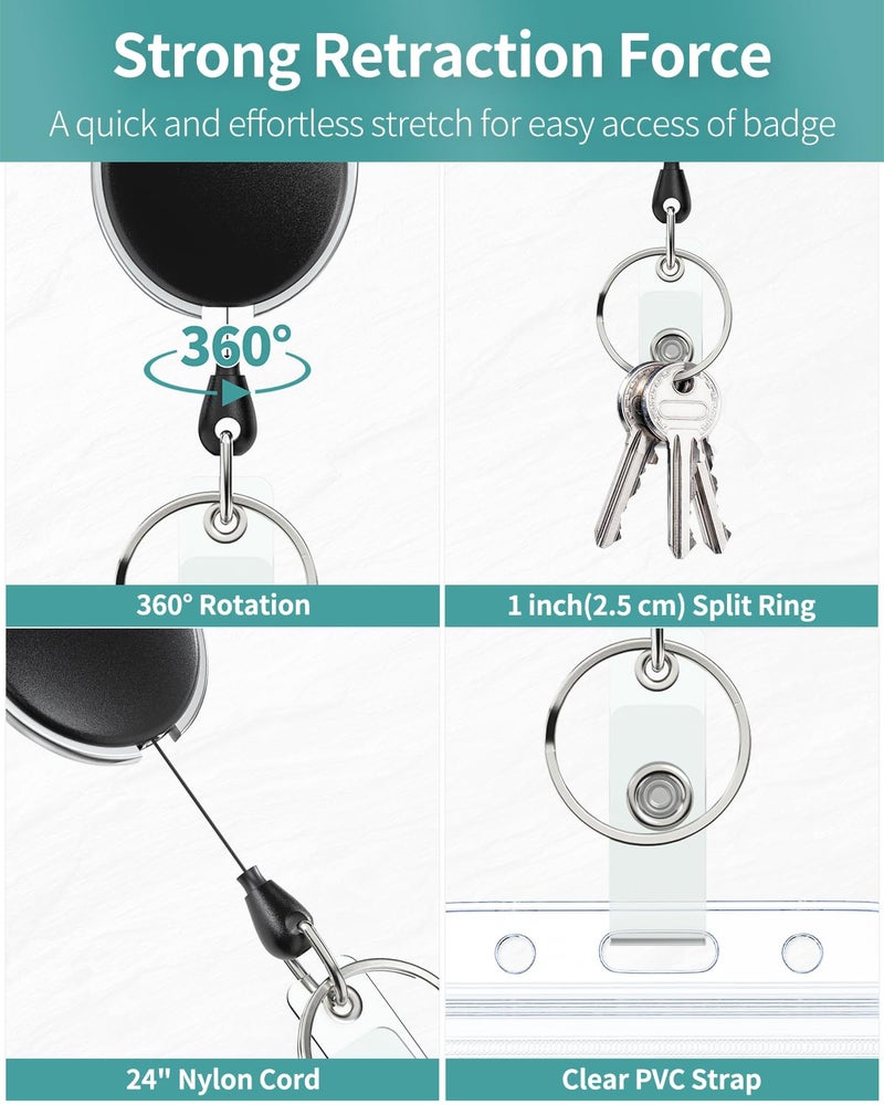 Uniclife 2 Pack Retractable Badge Reel for Badge Holder Heavy Duty Retractable Keychain Strong ABS Casing with Stainless Steel Spring Coil 24 Inch Nylon Rope Carabiner Clip and Key Ring - Image 5