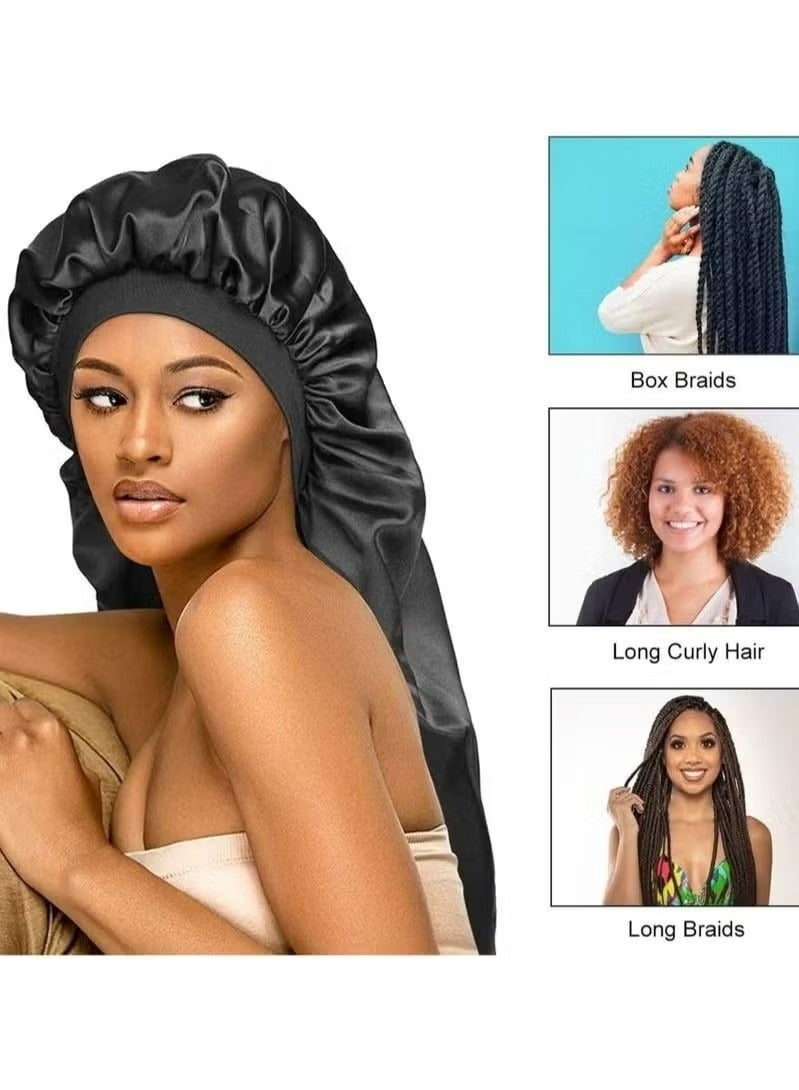 Satin Bonnet Sleep Cap Black Extra Large Silk for Natural Hair Long Braids Dreadlocks Curly Bonnets Women Night  - Image 5