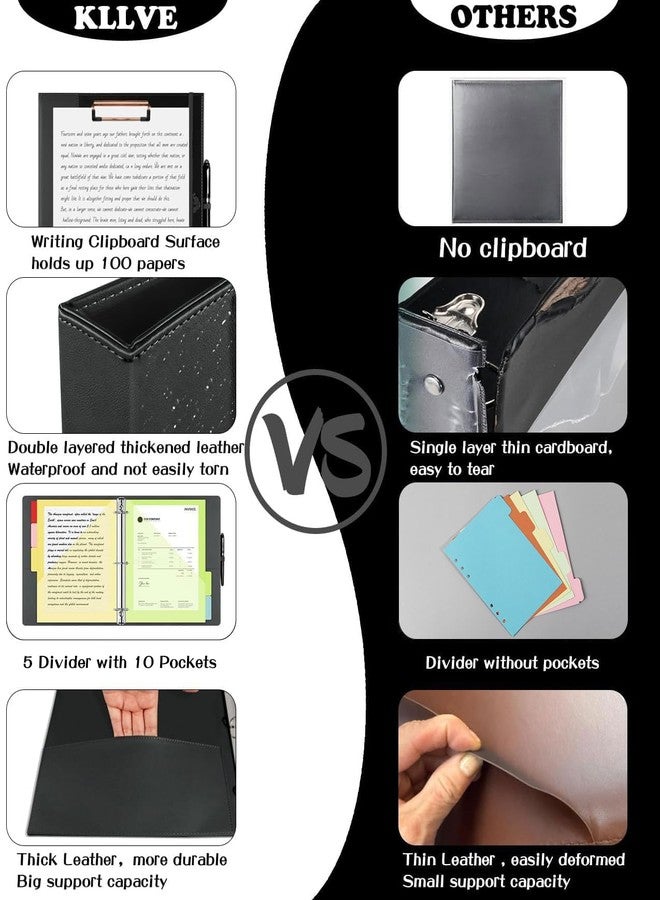 KLLVE 3 Ring Binder 1 Inch, Leather Binders with Clipboards, KLLVE Three Ring Binder with 10 Pocket Divider(Black, Letter Size) - Image 3
