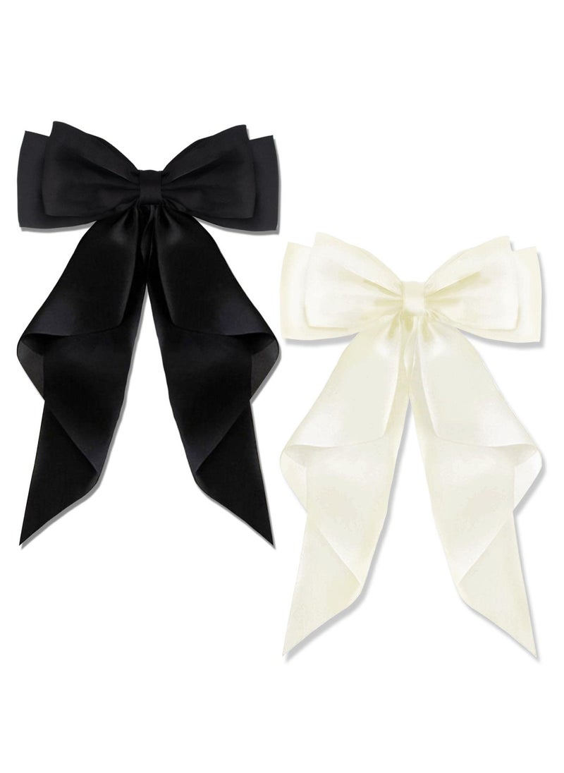 KHAJUL 2 PCS Big Bow Hair Clips with Long Silky Satin, Solid Color French Barrette, Simple Hair Fastener Accessories for Women Girls (Black/White)  - Image 1