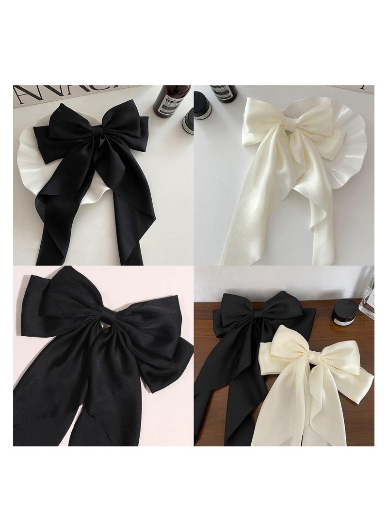 KHAJUL 2 PCS Big Bow Hair Clips with Long Silky Satin, Solid Color French Barrette, Simple Hair Fastener Accessories for Women Girls (Black/White)  - Image 3
