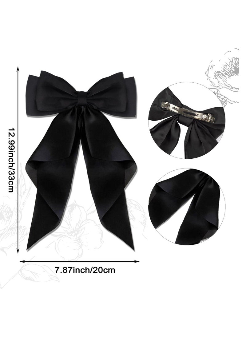 KHAJUL 2 PCS Big Bow Hair Clips with Long Silky Satin, Solid Color French Barrette, Simple Hair Fastener Accessories for Women Girls (Black/White)  - Image 2