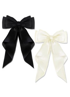 KHAJUL 2 PCS Big Bow Hair Clips with Long Silky Satin, Solid Color French Barrette, Simple Hair Fastener Accessories for Women Girls (Black/White)  - Image 1