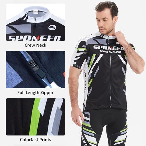 sponeed Men's Cycling Jersey Suits Bike Outfit Shorts Cushioned Road Racing Cycle Uniforms US Small Green Black - Image 3