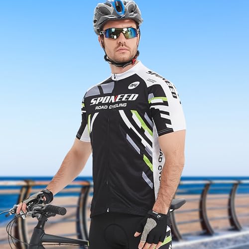 sponeed Men's Cycling Jersey Suits Bike Outfit Shorts Cushioned Road Racing Cycle Uniforms US Small Green Black - Image 2