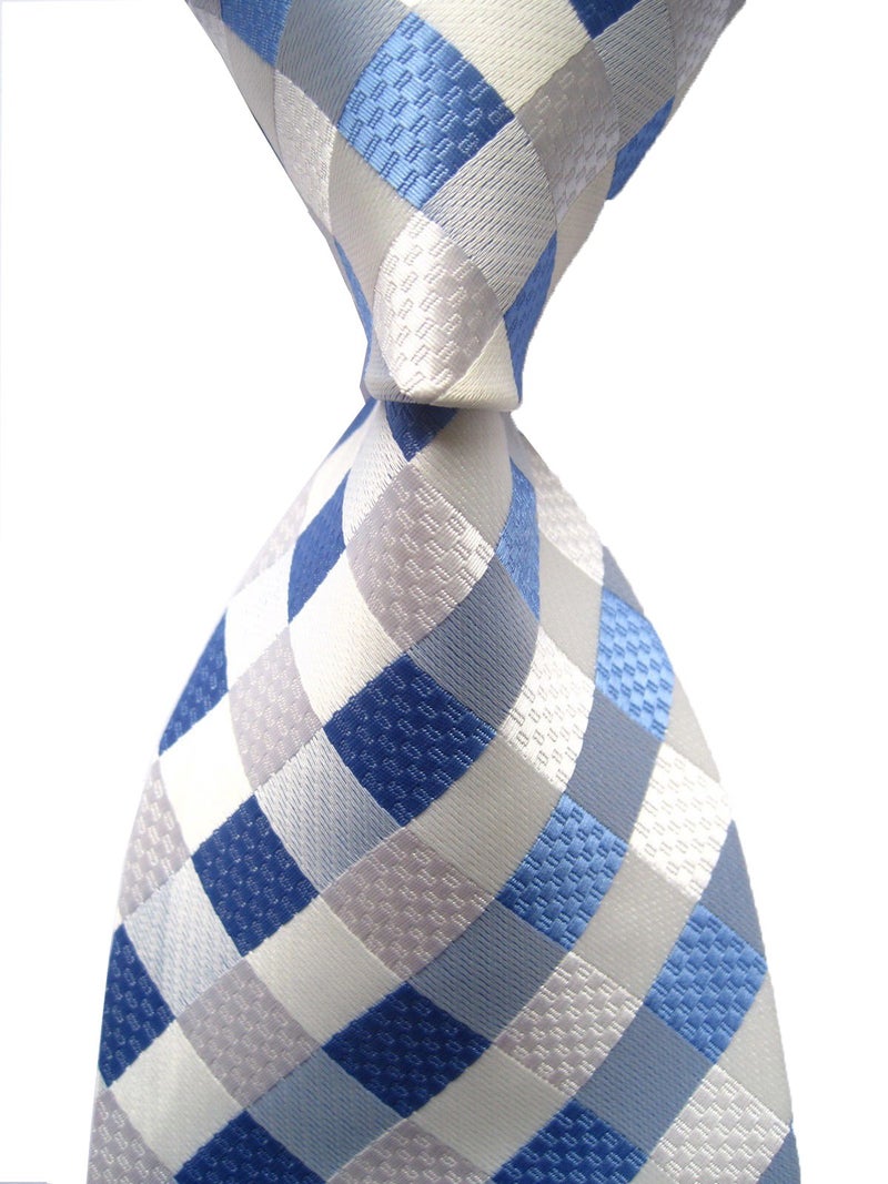 Secdtie Men's Classic Checks Light Blue Jacquard Woven Silk Tie Necktie - Image 2