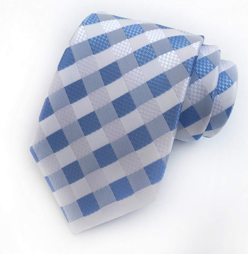 Secdtie Men's Classic Checks Light Blue Jacquard Woven Silk Tie Necktie - Image 4