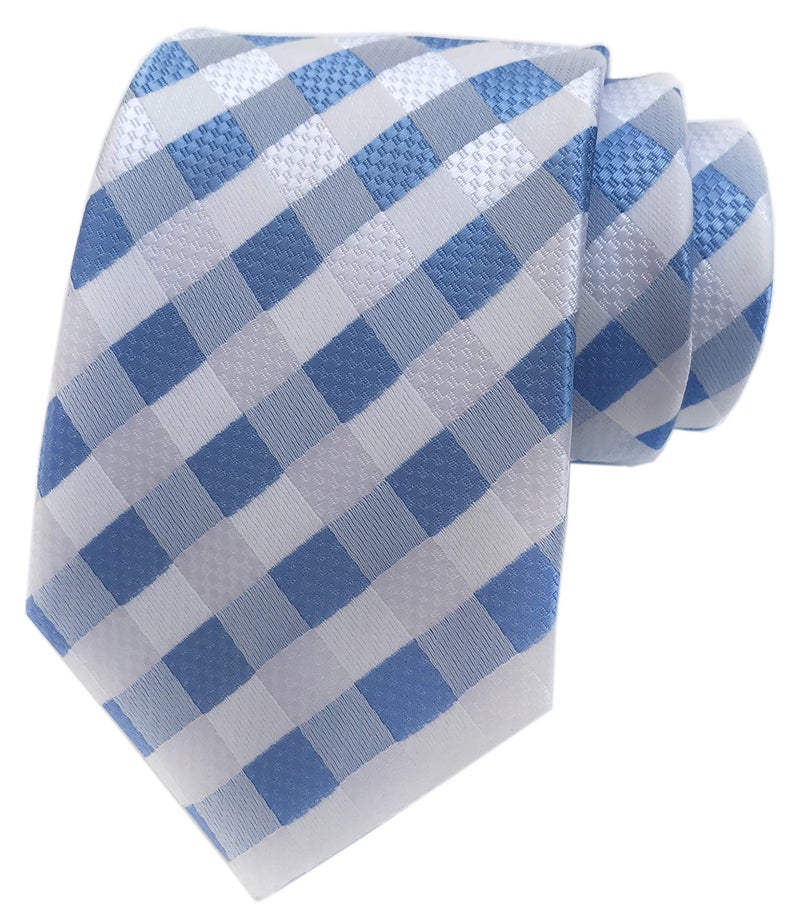 Secdtie Men's Classic Checks Light Blue Jacquard Woven Silk Tie Necktie - Image 5