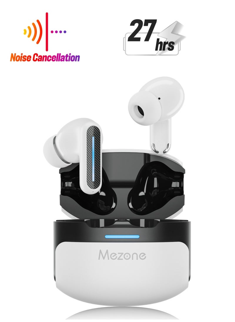 Mezone Saturno ENC Noise Cancelling In-Ear Earbuds, Wireless Bluetooth Earphones with Superior HiFi Stereo Sound, IPX5 Waterproof, Type-C Charging & Auto Pairing, White  - Image 1