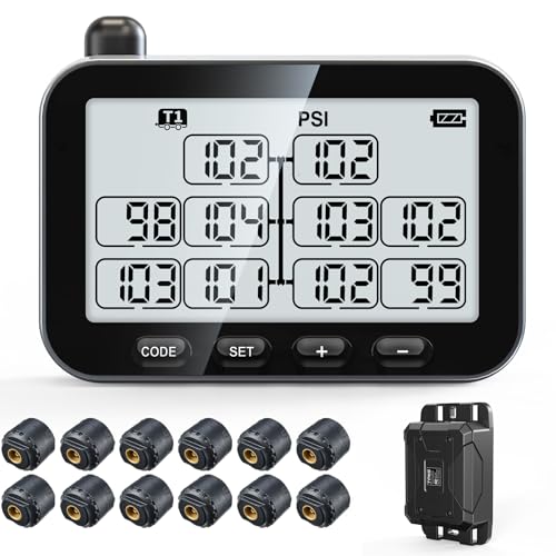 GUTA Trailer Tire Pressure Monitoring System RV TPMS with 12 Sensors 6 Alert Modes Signal Booster Power Saving Display Long Sensing Distance for 3 Trailers T1T2T3 for Camper Motor Homes