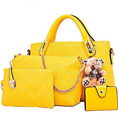 FiveloveTwo Women Printing 4Pcs Top Handle Satchel Hobo Handbag Set Middle Tote +Purse +Shoulder Bag+Card Holder Yellow - Image 1