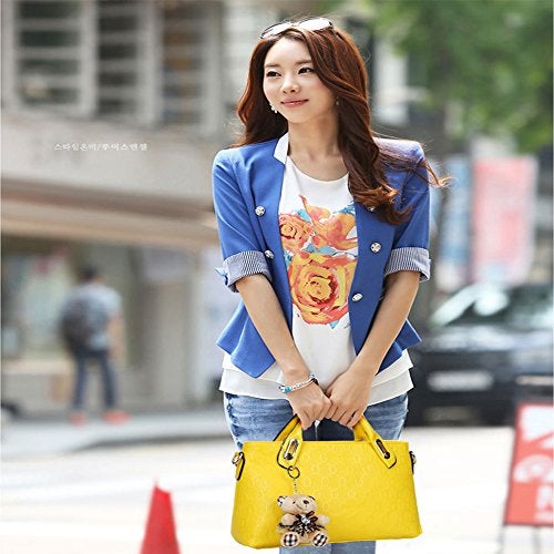 FiveloveTwo Women Printing 4Pcs Top Handle Satchel Hobo Handbag Set Middle Tote +Purse +Shoulder Bag+Card Holder Yellow - Image 2