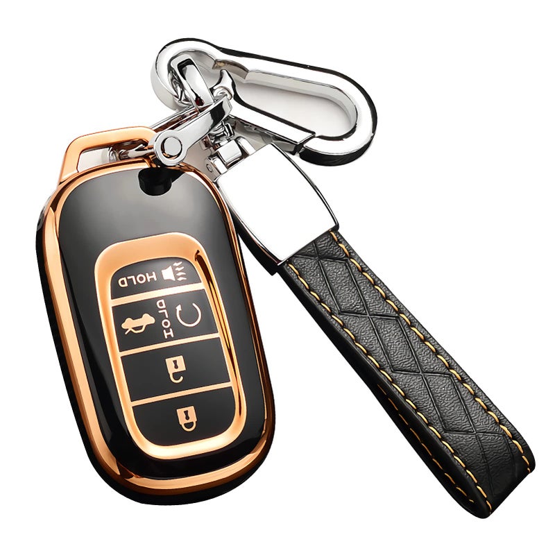 Cacacar for Honda Key Fob Cover with Keychain, Premium Soft TPU Full Protection Key Fob Case for Honda Accord Civic Smart Remote Key Protector (Size D-Black)
