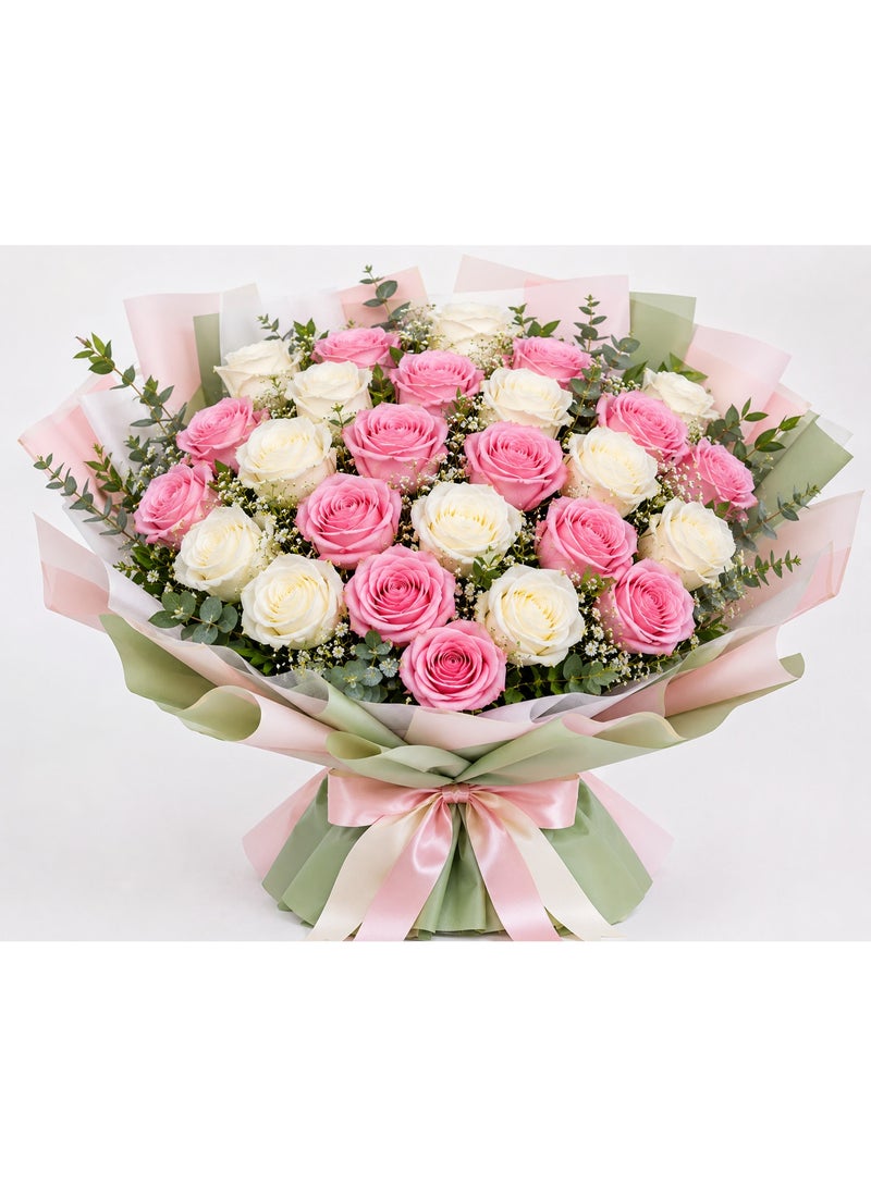 Premium Fresh Flower Bouquet, 25 Pink & White Roses with Baby's Breath & Eucalyptus, Layered Wrap