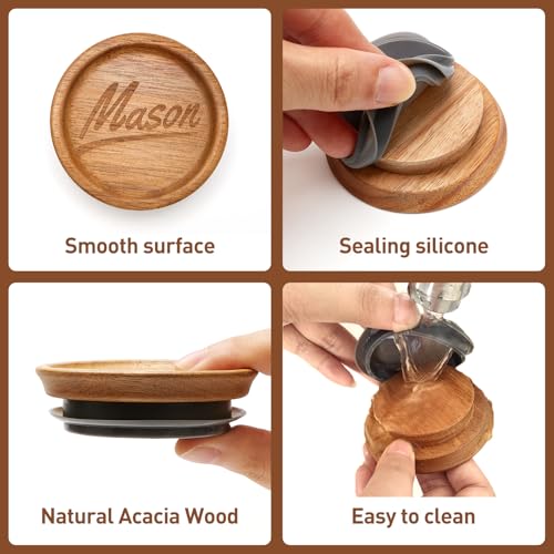 Hilislog 4 Pack Mason Jar Lids Wide Mouth Canning Jar Acacia Wood Jars Tops with Wooden Lid for Mason Jar Storage Accessories Silicone Glass Cover Reusable Can Lid Large Mouth Jars Lids - Image 4