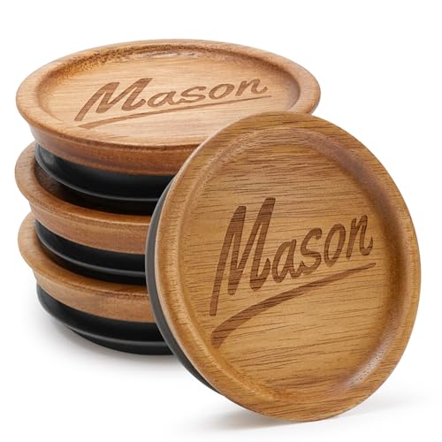 Hilislog 4 Pack Mason Jar Lids Wide Mouth Canning Jar Acacia Wood Jars Tops with Wooden Lid for Mason Jar Storage Accessories Silicone Glass Cover Reusable Can Lid Large Mouth Jars Lids - Image 1