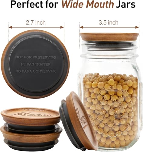 Hilislog 4 Pack Mason Jar Lids Wide Mouth Canning Jar Acacia Wood Jars Tops with Wooden Lid for Mason Jar Storage Accessories Silicone Glass Cover Reusable Can Lid Large Mouth Jars Lids - Image 5