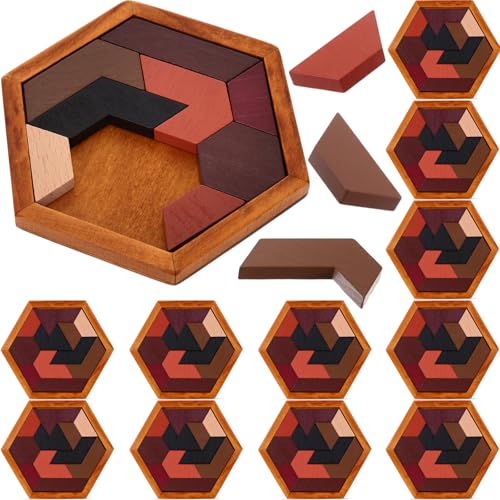 Yilloog 12 Pack Hexagon Tangram Puzzles Gifts for Christmas Wooden Brain Survivor Puzzles for Adult Challenge Hexagon Tangram Brain Teaser Geometric Jigsaw Russian Blocks for Family Party Logic Game - Image 1